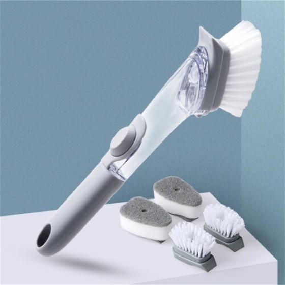 ディスペンサー付きハンドヘルド食器洗いブラシ、キッチンやバスルームの掃除用、交換可能なヘッド3個付き